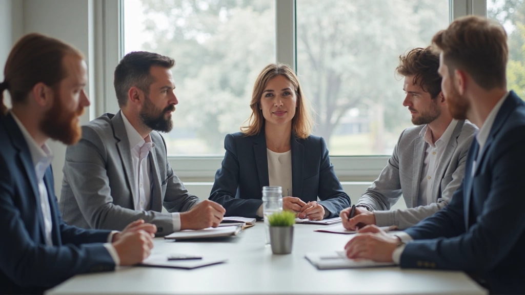 Профессиональное фото команды, обсуждающей проект за столом в современном офисе