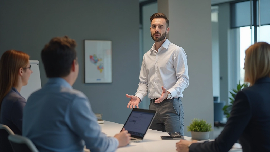 Профессионал, проводящий презентацию перед командой в конференц-зале, уверенный жест
