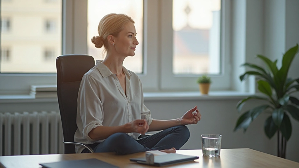 Человек, практикующий медитацию и релаксацию, управление стрессом в офисе