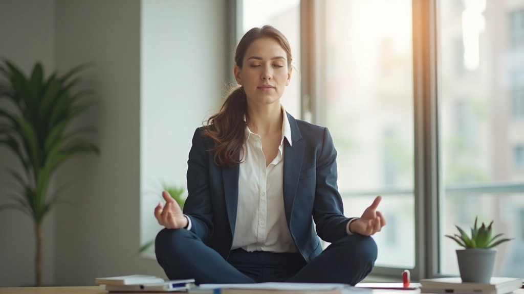 Женщина, занимающаяся медитацией в спокойной офисной обстановке, сидя у окна