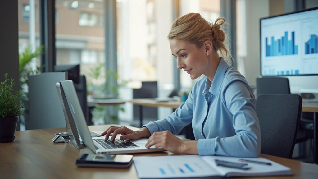 Профессионал анализирует данные на экране ноутбука в современном офисе